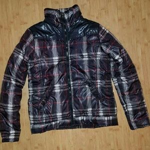 Juniors Paris Blues Plaid Puffer Jacket